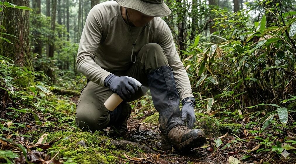 比叡山でのヤマビル対策。湿った森の中で、登山靴とゲイター（スパッツ）に忌避スプレーを念入りに吹きかけている様子。肌の露出を防ぐ服装も確認できる。