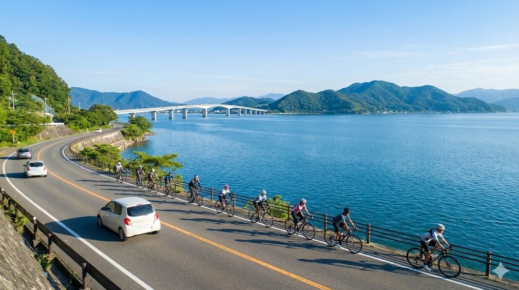 青空の下、琵琶湖の湖岸道路を走るサイクリストの集団と自動車。