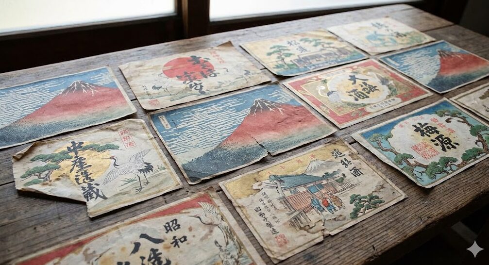 昭和初期のレトロなデザインが施された、貴重な日本酒の古ラベルコレクション。