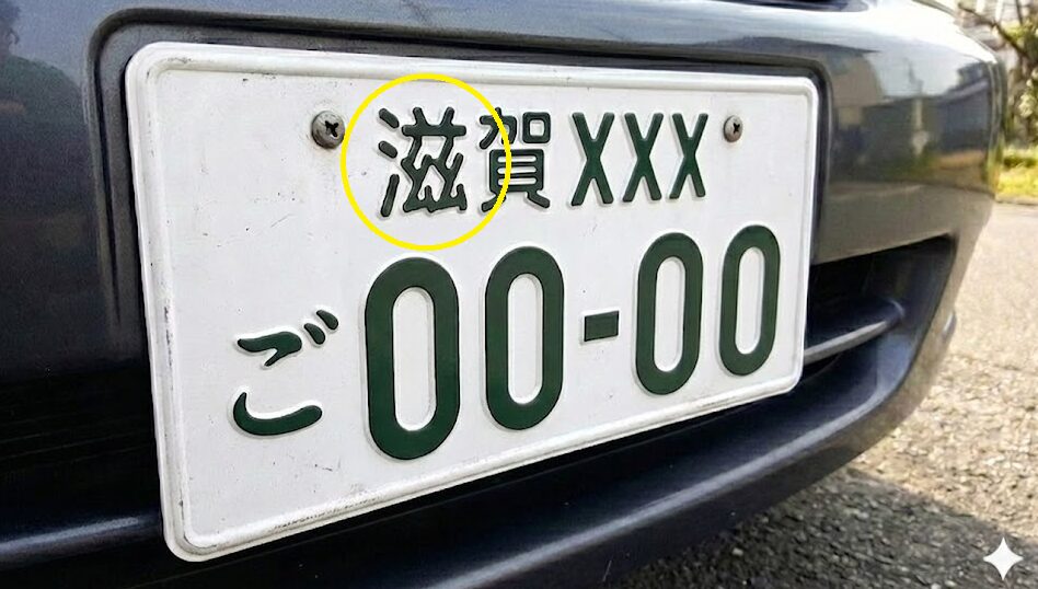 日本の自動車に取り付けられた滋賀ナンバープレートのクローズアップ。「滋賀」の「滋」の漢字が太い書体で密集しており、画数の多さから黒い塊のように見える様子。