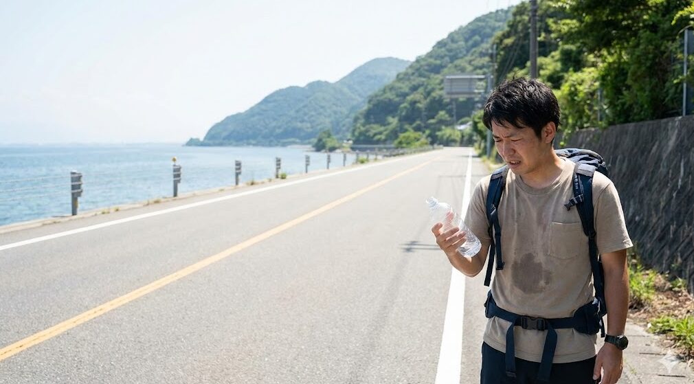 白髭神社周辺の国道161号線沿いの風景。夏の強い日差しが照りつける中、コンビニや商店は一切なく、琵琶湖と山並みが続いている。一人の日本人旅行者が、空になったペットボトルを見て困った表情をしている。