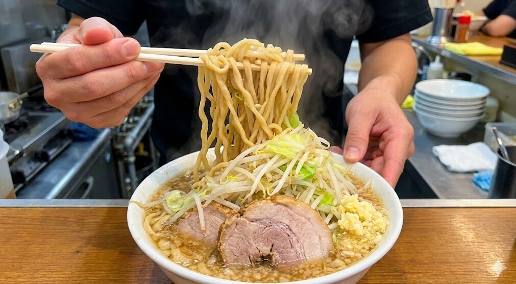 ラーメン二郎で麺と野菜をひっくり返す「天地返し」の技を行っている瞬間の写真。こちらの画像を作成してください。画像内にテキストは入れないでください。