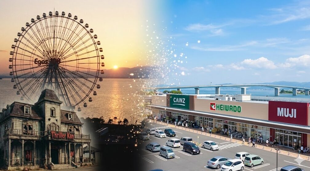 夕暮れの琵琶湖タワー（巨大観覧車イーゴス108のシルエットとお化け屋敷スリラー館）から、青空の下で賑わう現在の跡地施設「レイクウェル堅田」（カインズ、平和堂、無印良品）への時代の変遷を、光の粒子でつないで表現した合成アイキャッチ画像。背景には琵琶湖と琵琶湖大橋が広がる。