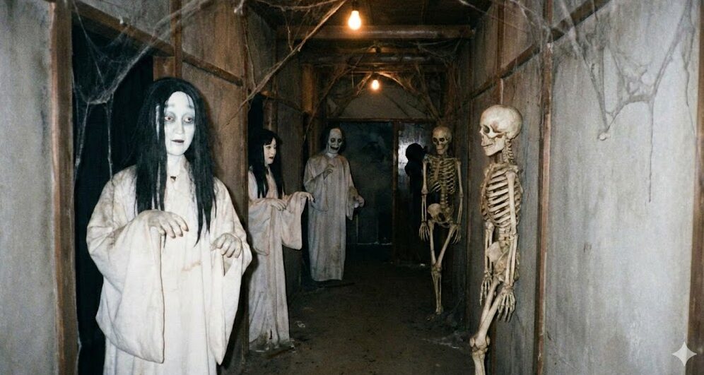 昭和後期の琵琶湖タワー「スリラー館」内部を再現した、薄暗く不気味な機械仕掛けのお化け屋敷の様子。