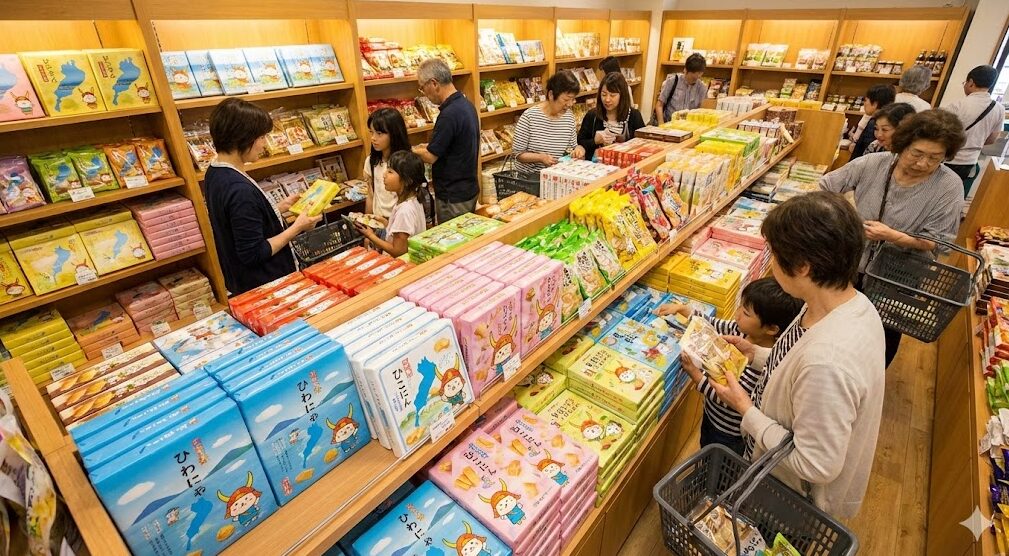 滋賀県内の土産物店で、琵琶湖やひこにゃんのパッケージに入った様々な個包装のお菓子が棚に並び、買い物客が商品を選んでいる様子。