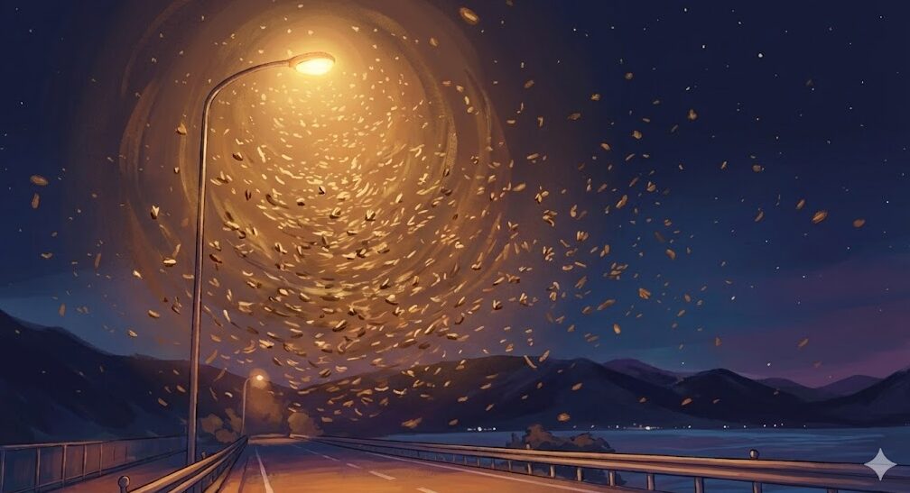 夜間、滋賀県の湖岸道路沿いにある街灯の周りに、無数の琵琶湖虫（ユスリカ）が雲のように群がり、光に反射して飛んでいる様子。