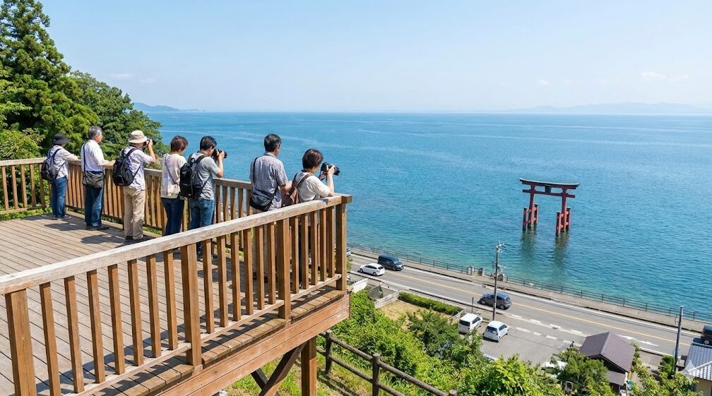 白髭神社の高台にある展望台「藍湖白鬚台」から、参拝者が安全に湖中大鳥居と琵琶湖の絶景を眺めている様子。