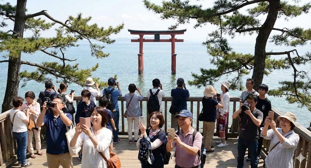 白髭神社の社務所前に設置された展望台「藍湖白鬚台（おうみしらひげだい）」から、多くの日本人観光客が琵琶湖に浮かぶ大鳥居を撮影している様子。人々はスマートフォンやカメラを構え、安全な場所から絶景を楽しんでいる。松の木が景色を彩っている。