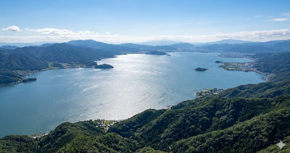 00万年の歴史を持つ古代湖、琵琶湖の全景を捉えた航空写真。周囲の山々と広大な湖面が広がっている。