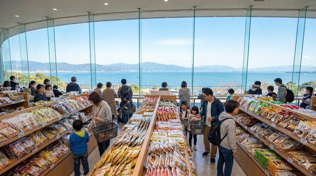 名神高速道路の大津サービスエリア店内の様子。大きな窓から琵琶湖のパノラマ絶景が一望でき、多くのお土産品が並ぶ売り場で買い物客が賑わっている。