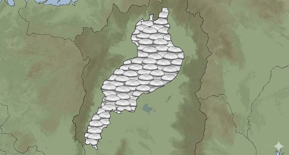 琵琶湖の形の中に、無数の小さな東京ドームの白い屋根がびっしりと敷き詰められている様子を描いた概念図。面積の比較を視覚化している。