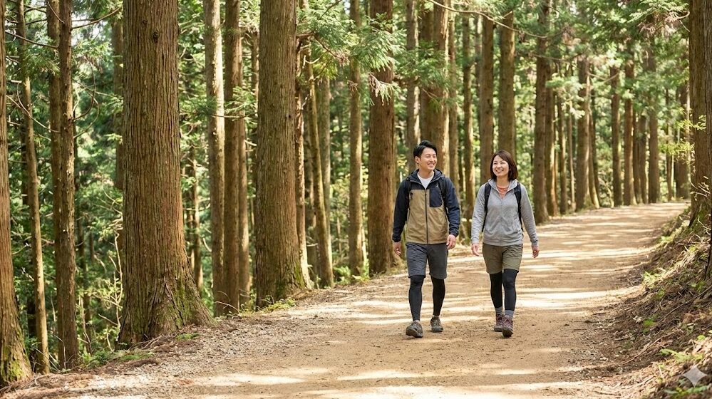 比叡山の本坂ルート。広くて整備された穏やかな登山道を歩くアジア人のハイカーたち。初心者にも安心なコース状況。