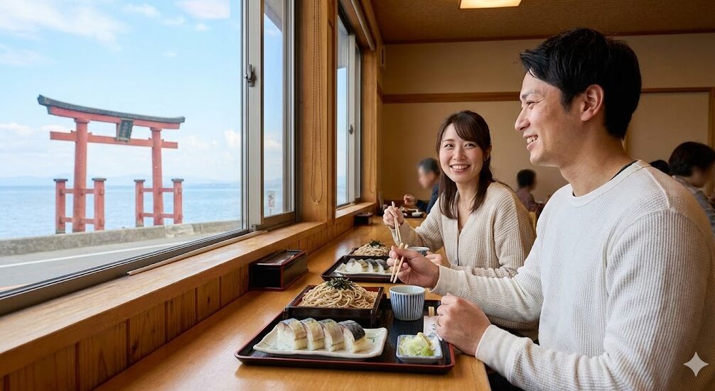 白髭神社の近くにある食堂の窓際の席で、日本人のカップルが食事をしている様子。大きな窓からは、琵琶湖に浮かぶ大鳥居の絶景が一望できる。テーブルには蕎麦と鯖寿司が並び、二人は景色を楽しみながら食事をしている。