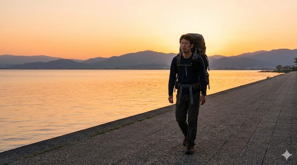 夕暮れ時の琵琶湖岸を、大型のバックパックを背負って歩く男性ハイカーの姿。疲労の色が見えるが、前を見据えて歩を進めている。