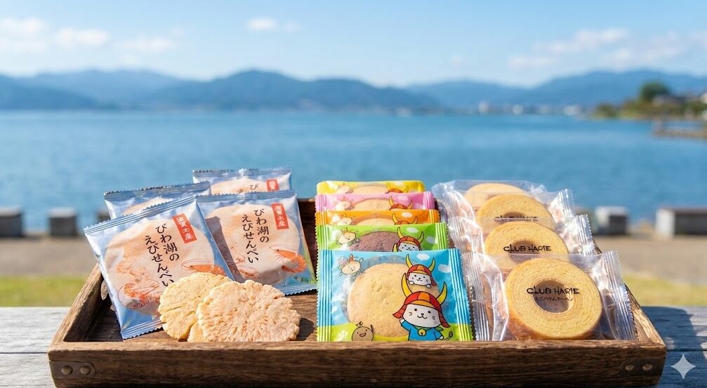 晴れた日の琵琶湖を背景に、木製のトレーに盛られた滋賀の代表的なばらまき用お土産。個包装された「琵琶湖のえび煎餅」、ひこにゃんのイラスト入りクッキー、「クラブハリエ」のミニバームクーヘンが並んでいるアイキャッチ画像。