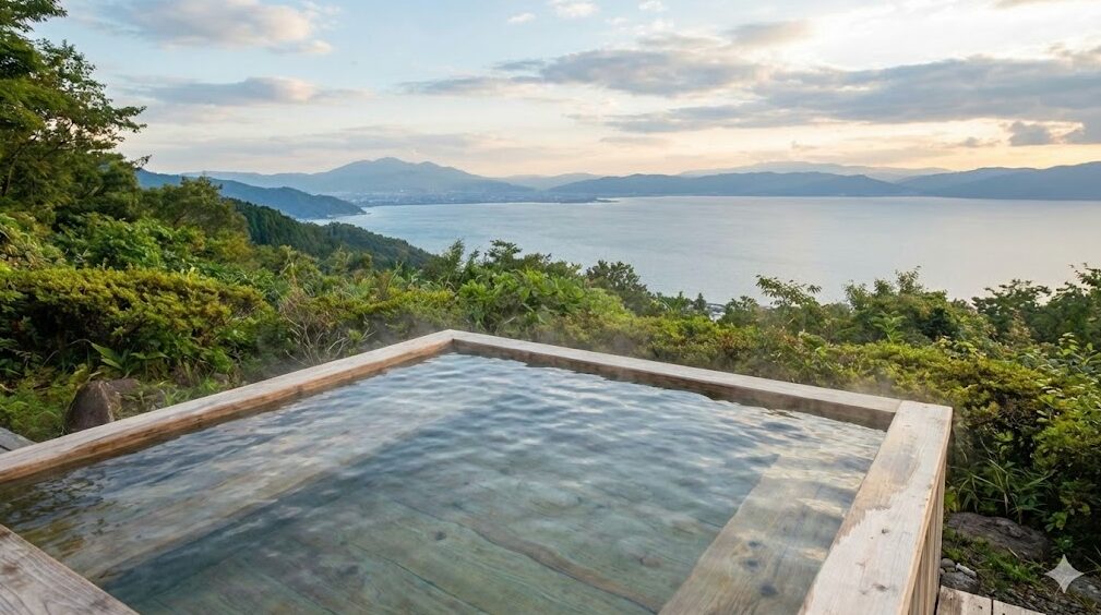 琵琶湖を一望できるおごと温泉の露天風呂。透明な温泉水と広大な湖の景色が、塩分のない淡水環境であることを示唆している。