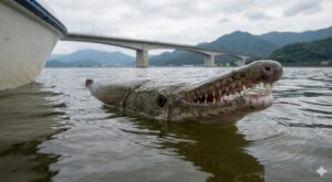 琵琶湖大橋を背景に、水面からワニのような鋭い歯を持つ口先を出した巨大なアリゲーターガーのクローズアップ写真。