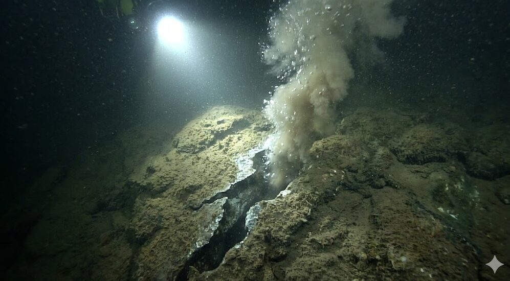 琵琶湖の湖底で撮影されたベントの様子。暗い湖底の岩の裂け目から、水煙のように濁った水と気泡が噴き出している。潜水調査船のライトで照らされたリアルな水中写真。