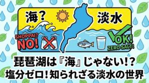 中央の琵琶湖の地図を挟んで、左側では波と塩のイラストに「海？ SHOPPAI? NO!」と否定し、右側では水と魚のイラストに「淡水 OK! ZERO SALT!」と肯定することで、琵琶湖が塩分ゼロの淡水であることを解説するインフォグラフィック画像。