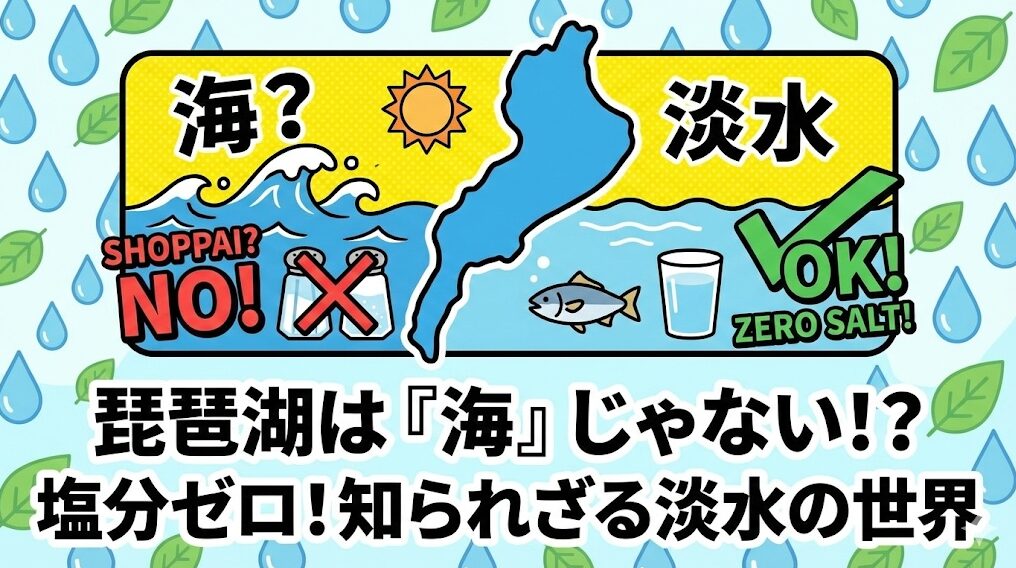 中央の琵琶湖の地図を挟んで、左側では波と塩のイラストに「海？ SHOPPAI? NO!」と否定し、右側では水と魚のイラストに「淡水 OK! ZERO SALT!」と肯定することで、琵琶湖が塩分ゼロの淡水であることを解説するインフォグラフィック画像。