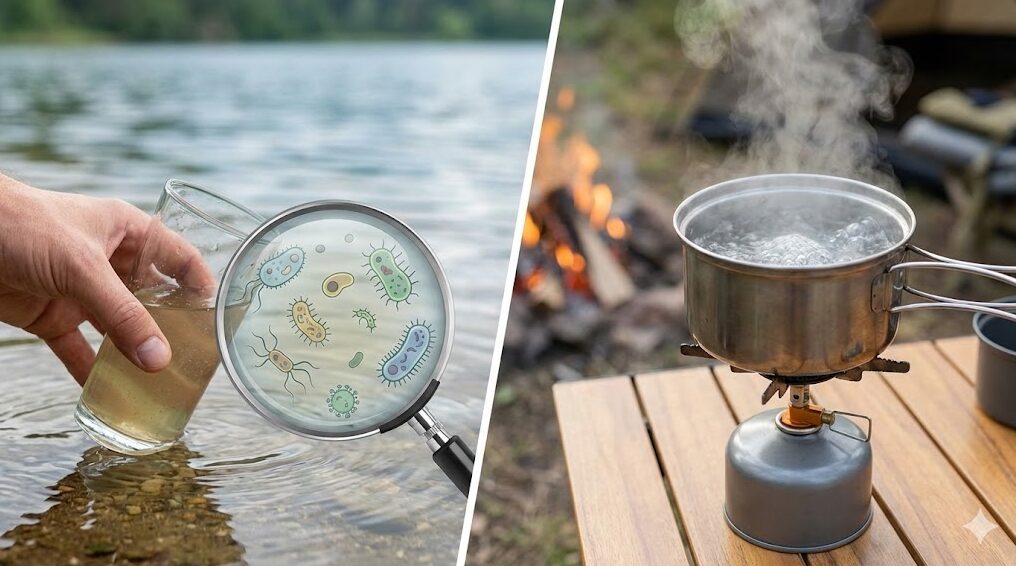 左側は琵琶湖から直接汲んだ水とその中の微生物のイメージ、右側はキャンプ用コンロで沸騰させている水の様子。生の湖水をそのまま飲むリスクと、適切な煮沸処理の必要性を対比して示している。