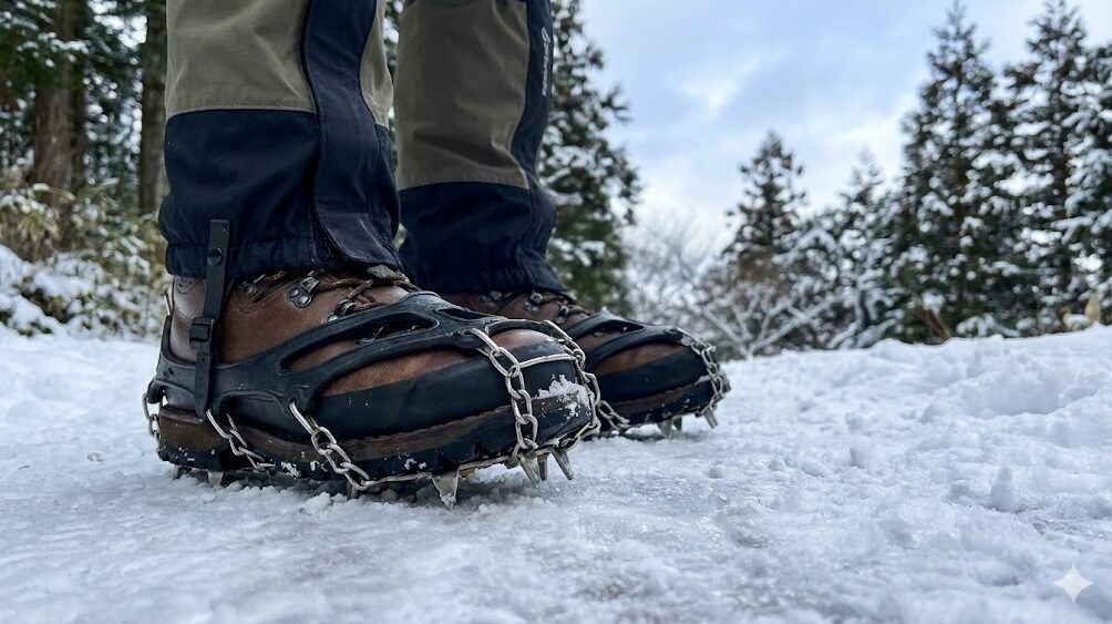 冬の比叡山登山。雪と氷で覆われた登山道を、チェーンスパイク（軽アイゼン）を装着した登山靴で確実に踏みしめる様子。冬山装備の重要性を示す。
