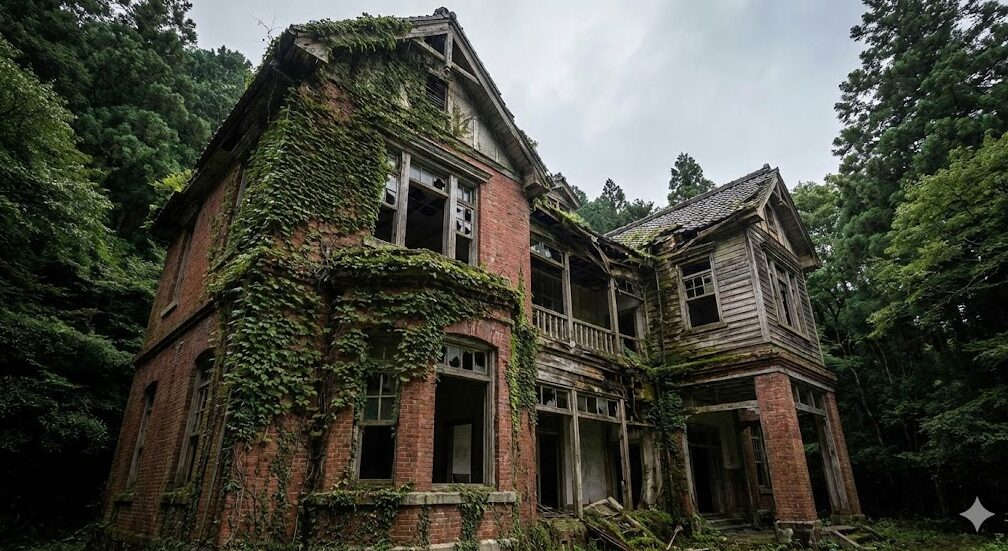 琵琶湖タワーのお化け屋敷と誤認されがちな、和歌山県に実在する明治時代の廃洋館（通称：旧由良山荘）の外観。