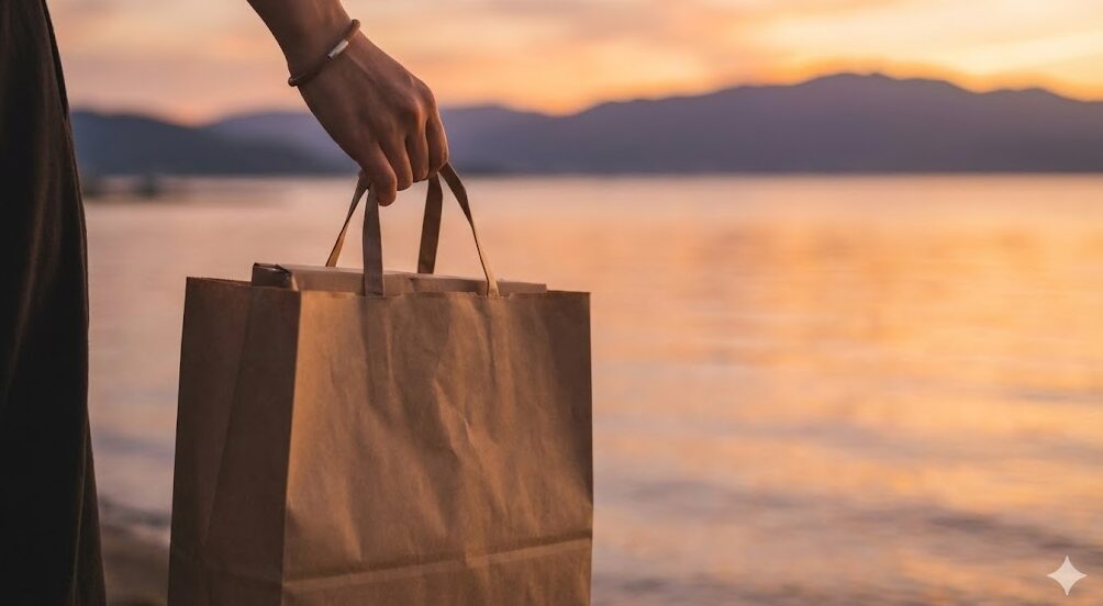 夕暮れ時の琵琶湖畔で、お土産が入った紙袋を持つ人物の手元。旅の思い出と、心を込めて選んだお土産を持ち帰る温かい雰囲気を表現している。