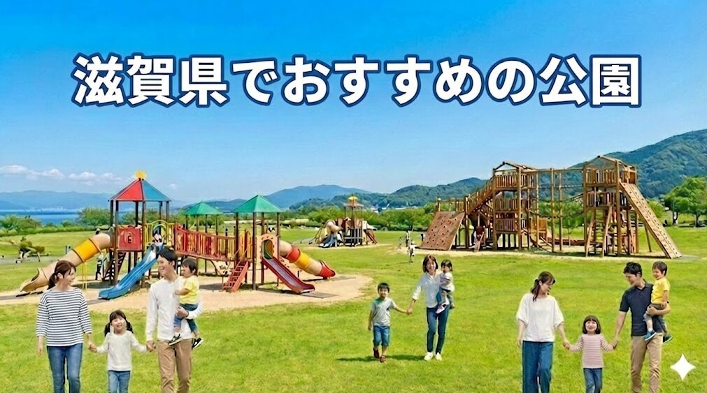 琵琶湖を望む広大な芝生の公園で、複数の家族が笑顔で過ごしている様子。手前には幼児の手を引く両親や子供を抱く父親、後方には大型の複合遊具や木製のアスレチックで遊ぶ子供たちの姿があり、青空の下でピクニックを楽しんでいるような活気ある風景。