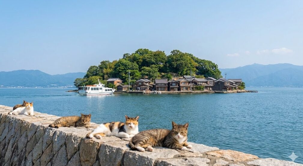 琵琶湖の猫島、沖島の全景と堤防でくつろぐ猫たち、島に向かうフェリー。