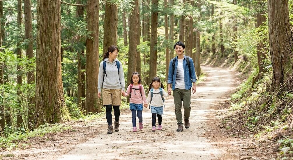 比叡山の本坂ルートを、手を繋いで笑顔で歩くアジア人の家族連れ（両親と子供2人）。道幅が広く、子供でも安心して歩ける安全な登山道の様子。