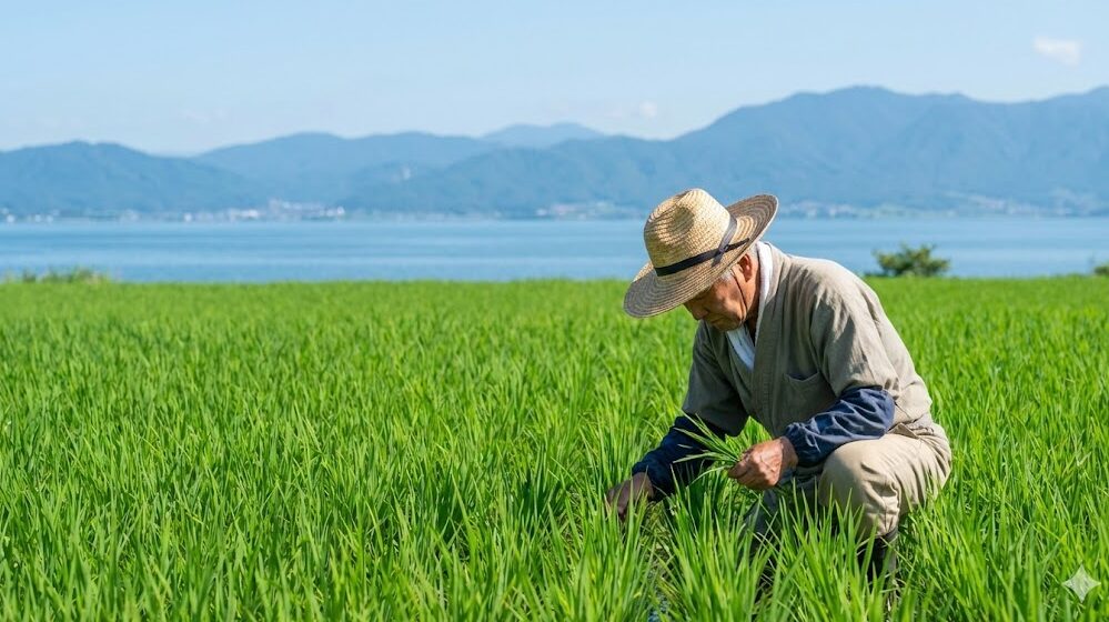 琵琶湖の近くの田んぼで、環境に配慮しながら手作業で稲の手入れをする農家の人。滋賀県の環境こだわり農業の様子。