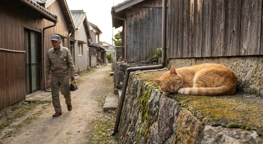 沖島の静かな路地裏で、石垣の上で昼寝をする猫と、その奥を歩く島民の男性。穏やかな島の日常風景。