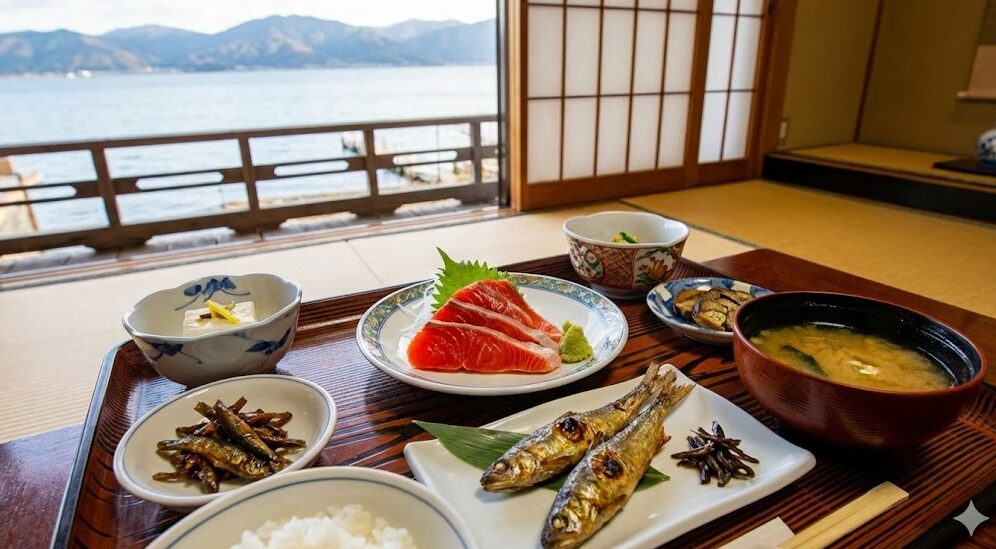 ビワマスの刺身、ホンモロコの塩焼きなど、琵琶湖の固有種を使った伝統的な湖魚料理の膳。