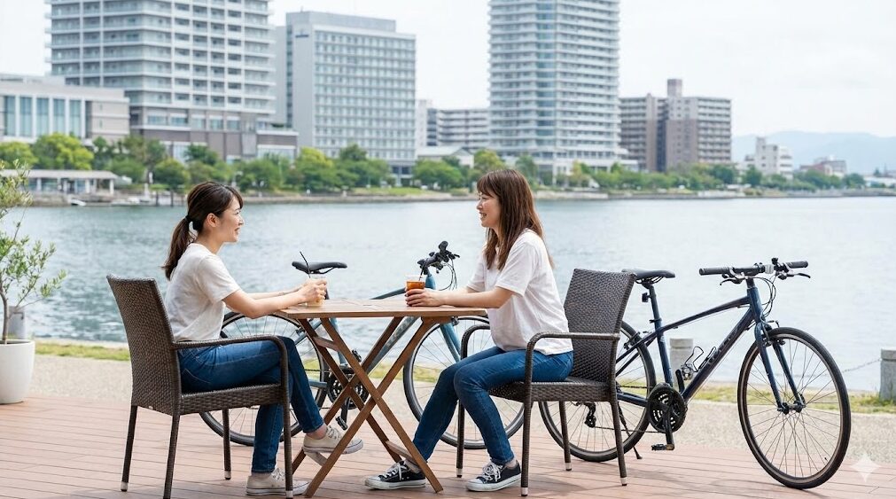 琵琶湖南湖エリアの湖畔にあるカフェで休憩する、普段着の女性二人組。クロスバイクが傍らに停めてあり、背景には都市部のビル群が見える。