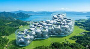 琵琶湖の形をした巨大な透明容器の中に、多数の東京ドームが詰め込まれている様子を描いたアイキャッチ画像。背景には滋賀県の風景と実際の琵琶湖が広がり、比較によるスケール感を強調している。