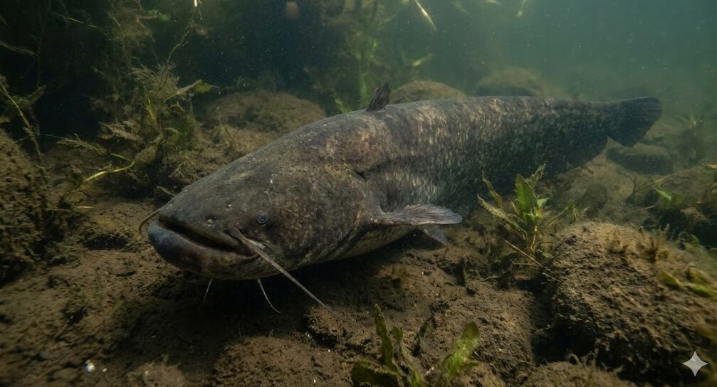琵琶湖の湖底近くを泳ぐ、日本最大の淡水魚ビワコオオナマズ。特徴的な受け口が見える。