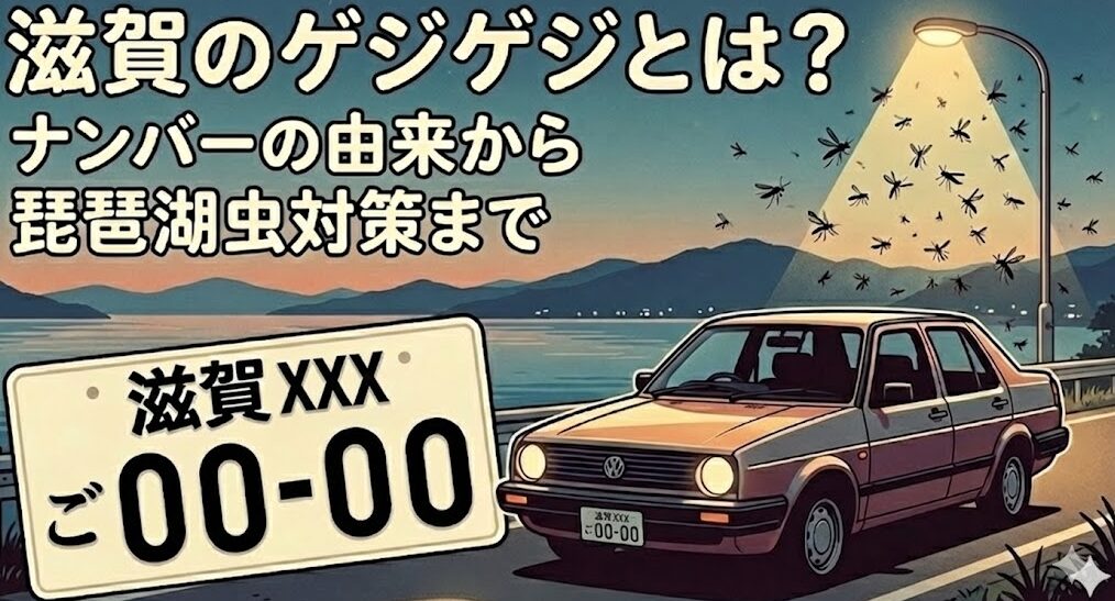 夕暮れの琵琶湖畔の道路に停車するレトロな車と、街灯の光に群がる無数の琵琶湖虫（ユスリカ）のシルエットを描いたイラスト調のアイキャッチ画像。前景には、大きく強調された日本の自動車ナンバープレートがあり、「滋賀 500 あ 00-00」とはっきりと記載されている。画像の上部には、大きな日本語のテキストで「滋賀のゲジゲジとは？ナンバーの由来から琵琶湖虫対策まで」と書かれている。全体の雰囲気はノスタルジックで温かみのある色彩で描かれている。