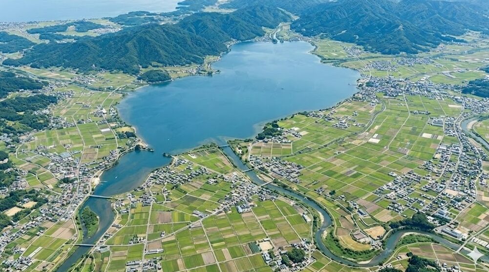 滋賀県の琵琶湖と周囲の山々から流れ込む多数の河川を捉えた航空写真。巨大なすり鉢状の地形が理解できる。