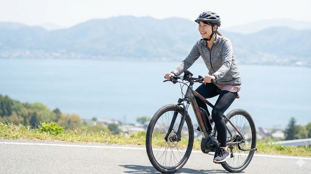 スポーツタイプのE-Bike(電動アシスト自転車)に乗り、笑顔で坂道を登る女性の様子。背景には琵琶湖の景色が広がっており、電動アシストによる快適なサイクリングを表現している。