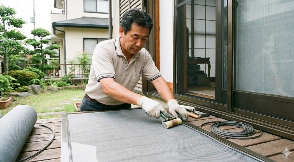 小さな虫の侵入を防ぐため、アジア人の男性が細かいメッシュの網戸に張り替え作業を行っている様子。専用のローラー工具を使用している。
