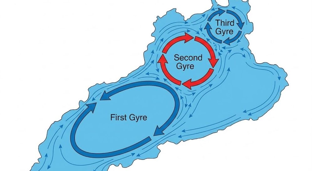 琵琶湖の北湖における第一、第二、第三環流を示す水理学的な図解。それぞれの渦が反時計回り、時計回りに回転し、互いに影響し合っている様子が矢印で示されている。