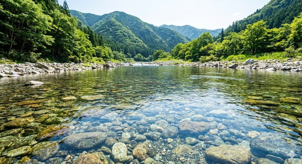 滋賀県高島市を流れる安曇川の風景。川底の石が透けて見えるほど清らかな水が流れている。