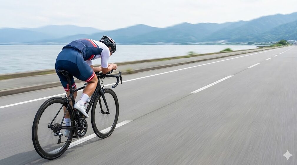琵琶湖の平坦な湖岸道路を、ロードバイクで高速走行するサイクリストの様子。前傾姿勢でスピード感があり、背景が流れるように写っている。