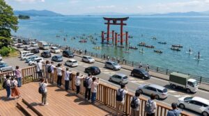 滋賀県高島市の白髭神社周辺の全景。手前の展望台「藍湖白鬚台」は多くの観光客で賑わい、眼下の国道161号線は車で渋滞している。その奥の琵琶湖には朱色の大鳥居が浮かび、カヌーやSUPを楽しむ人々が鳥居の周りに集まっている。陸の混雑と湖上の静けさが対比された様