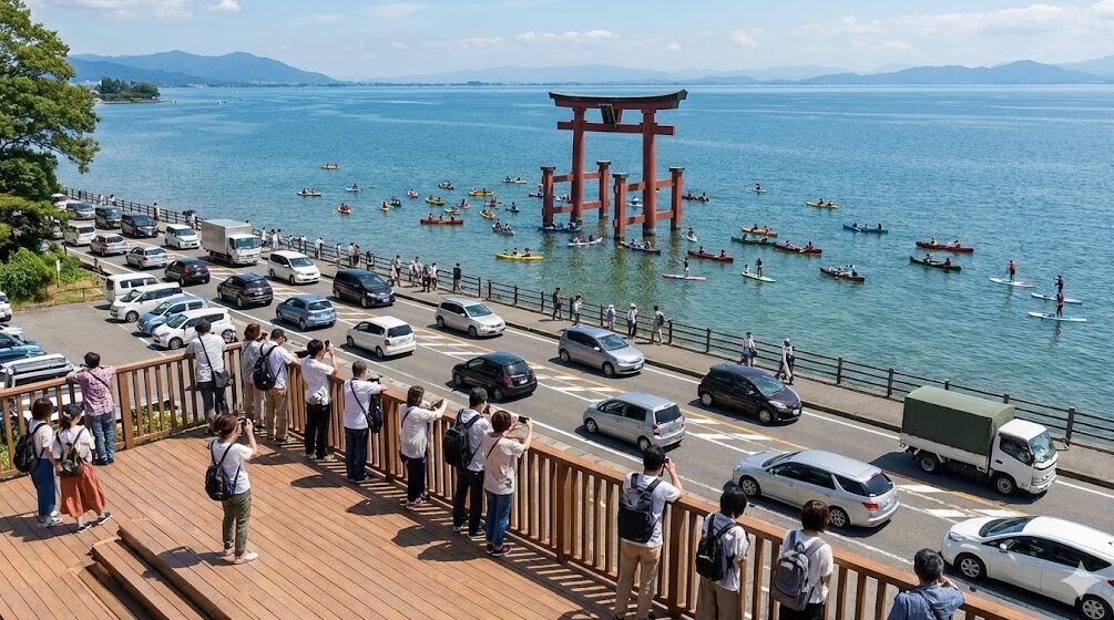 滋賀県高島市の白髭神社周辺の全景。手前の展望台「藍湖白鬚台」は多くの観光客で賑わい、眼下の国道161号線は車で渋滞している。その奥の琵琶湖には朱色の大鳥居が浮かび、カヌーやSUPを楽しむ人々が鳥居の周りに集まっている。陸の混雑と湖上の静けさが対比された様