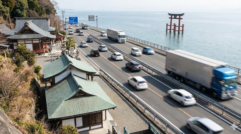 白髭神社のすぐ前を走る国道161号線。湖中大鳥居と神社の間を車やトラックが往来し、交通量が多い様子。横断の危険性を示す。