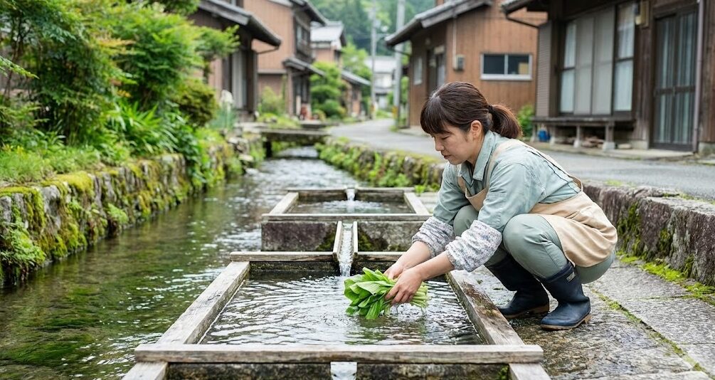 滋賀県高島市針江地区にある、湧き水を利用した生活用水システム「カバタ」で野菜を洗う女性の様子。