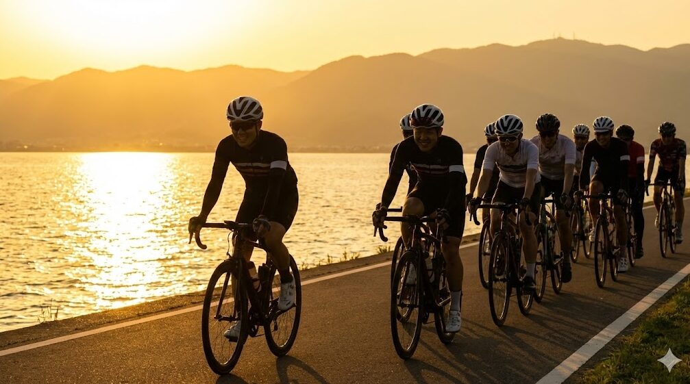 夕暮れ時の琵琶湖畔のサイクリングロードを走る、ロードバイクに乗ったアジア人のサイクリストグループ。湖面が夕日で黄金色に輝いている。