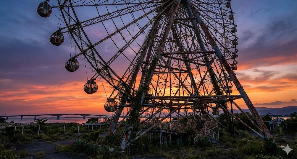 閉園後、長期間放置され錆びついた琵琶湖タワーの巨大観覧車イーゴス108の夕暮れの様子。背景に琵琶湖大橋が見える。